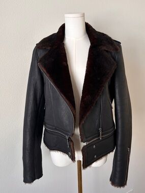 Women’s Black Leather Shearling Jacket with Brown Fur Trim